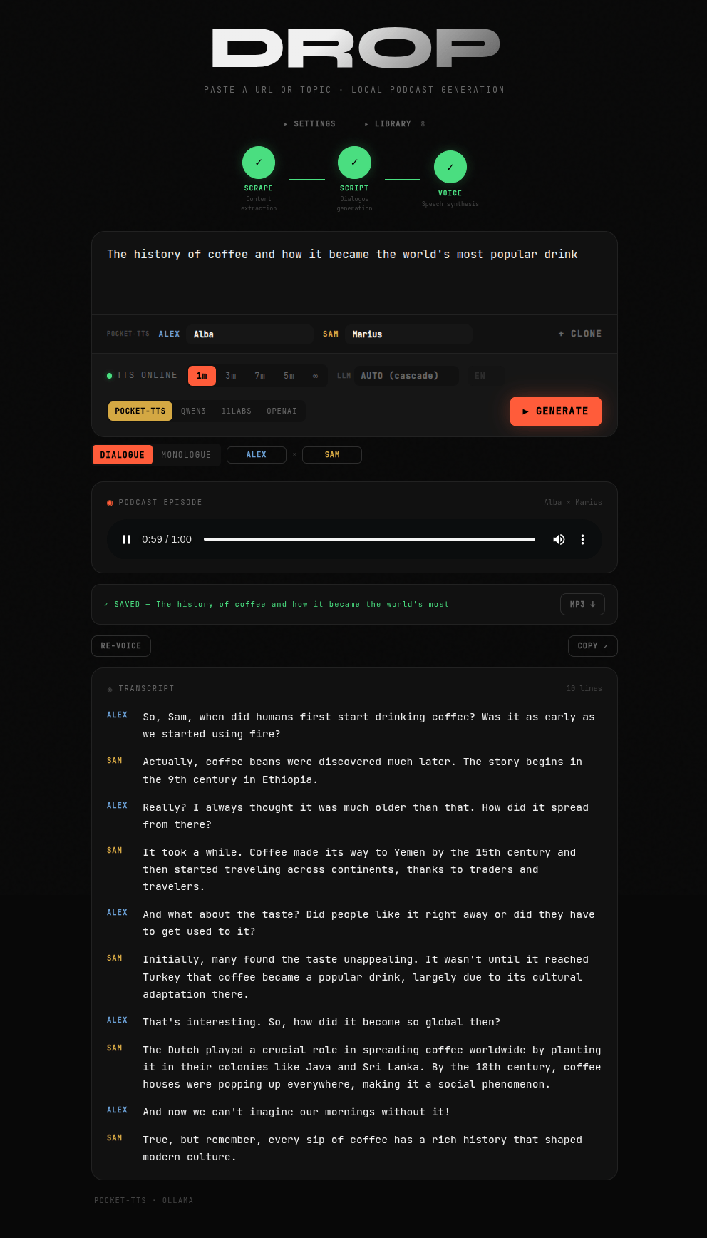 A completed generation showing the pipeline, audio player, and transcript