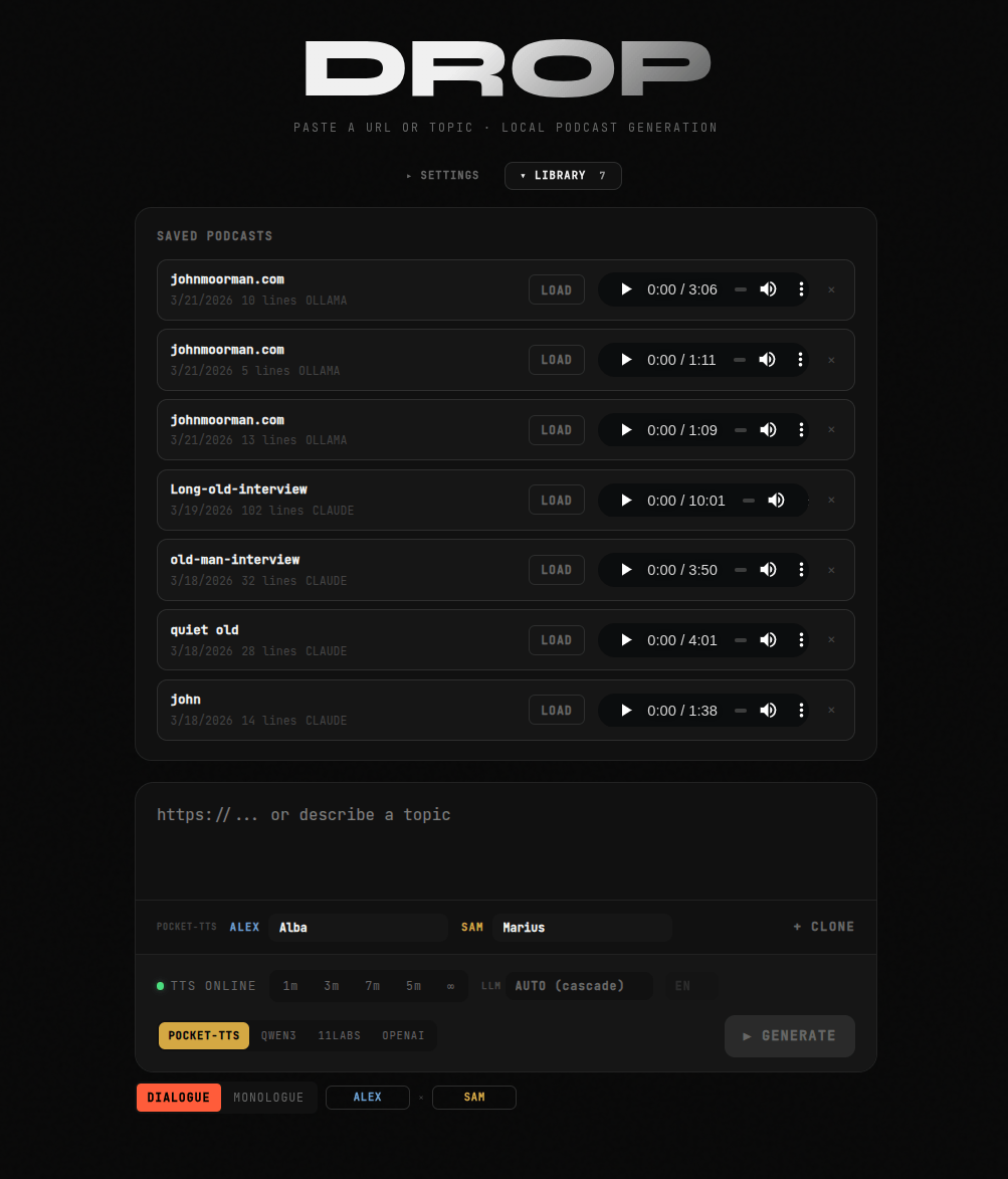 The library with saved episodes, inline audio players, and load/delete controls