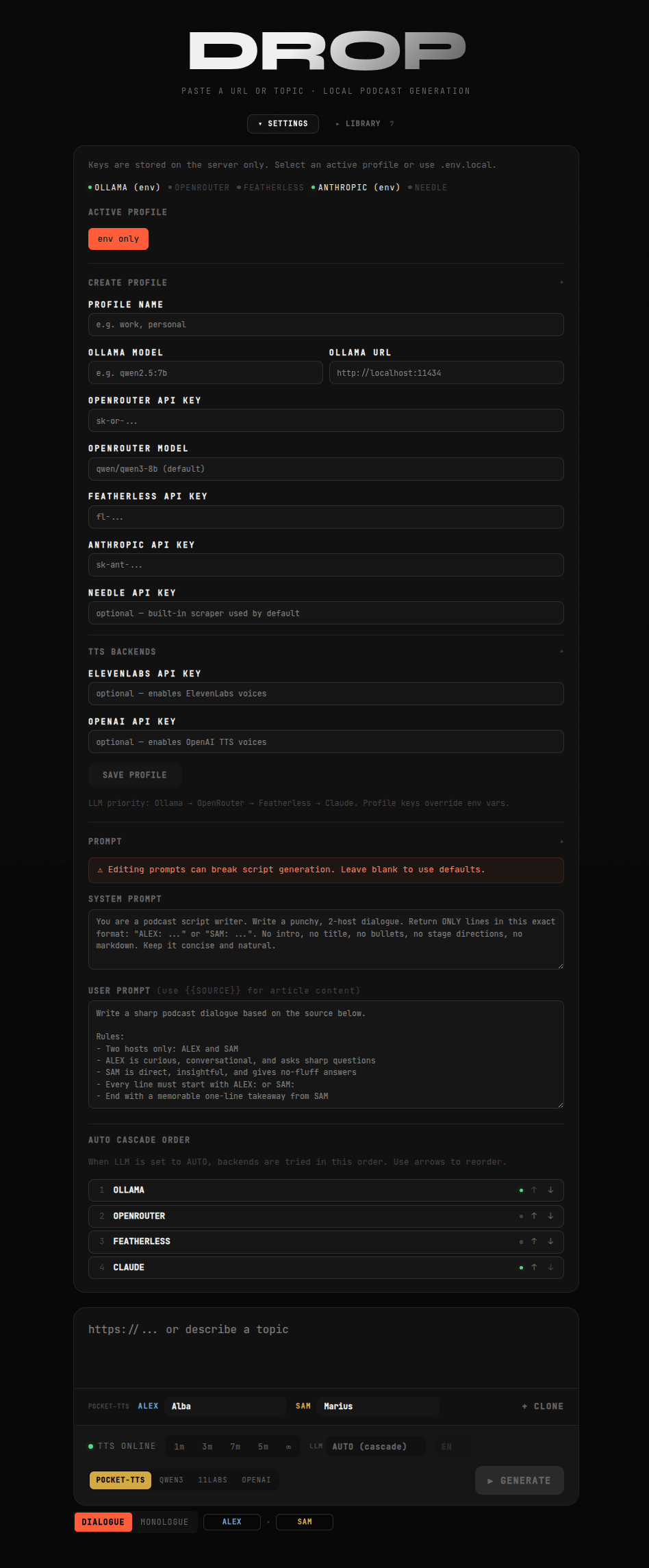 The prompt panel with editable system/user prompts and LLM cascade order