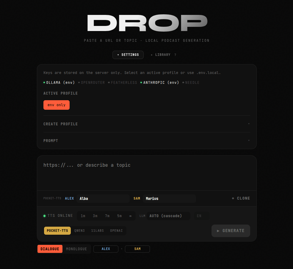 Settings panel with backend status indicators and profile management