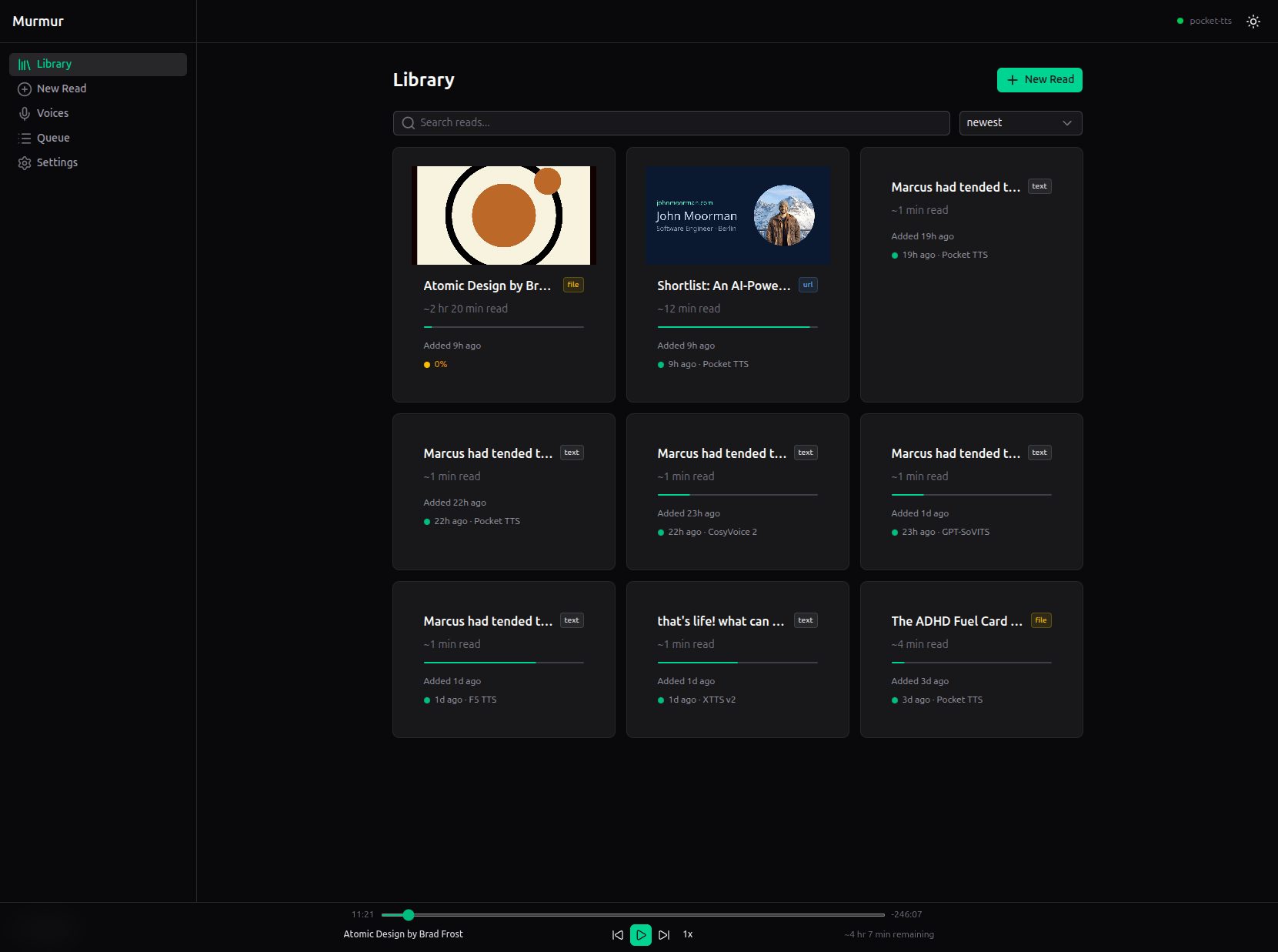 Murmur library view showing imported reads