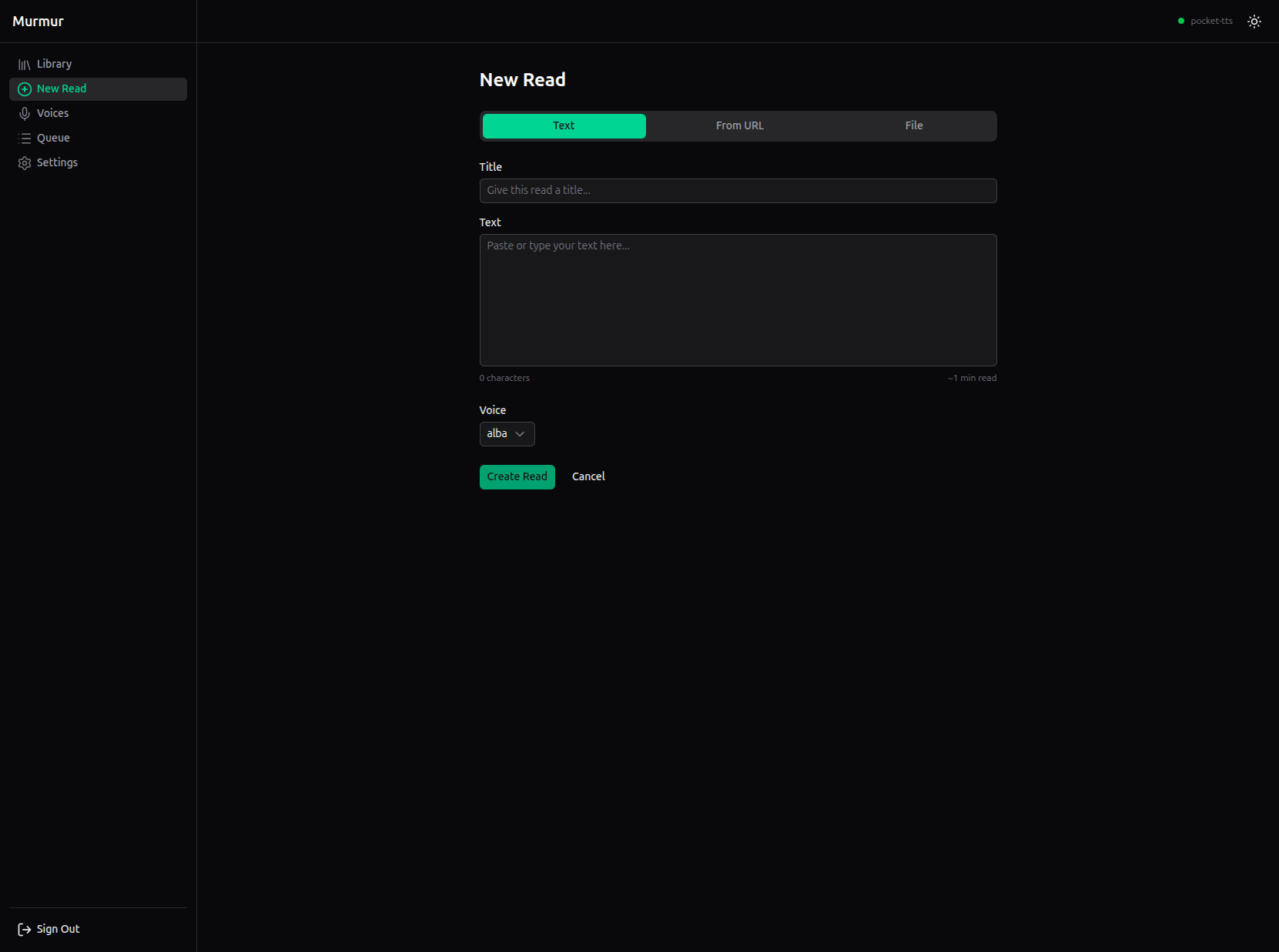 New read creation with text, URL, and file upload tabs