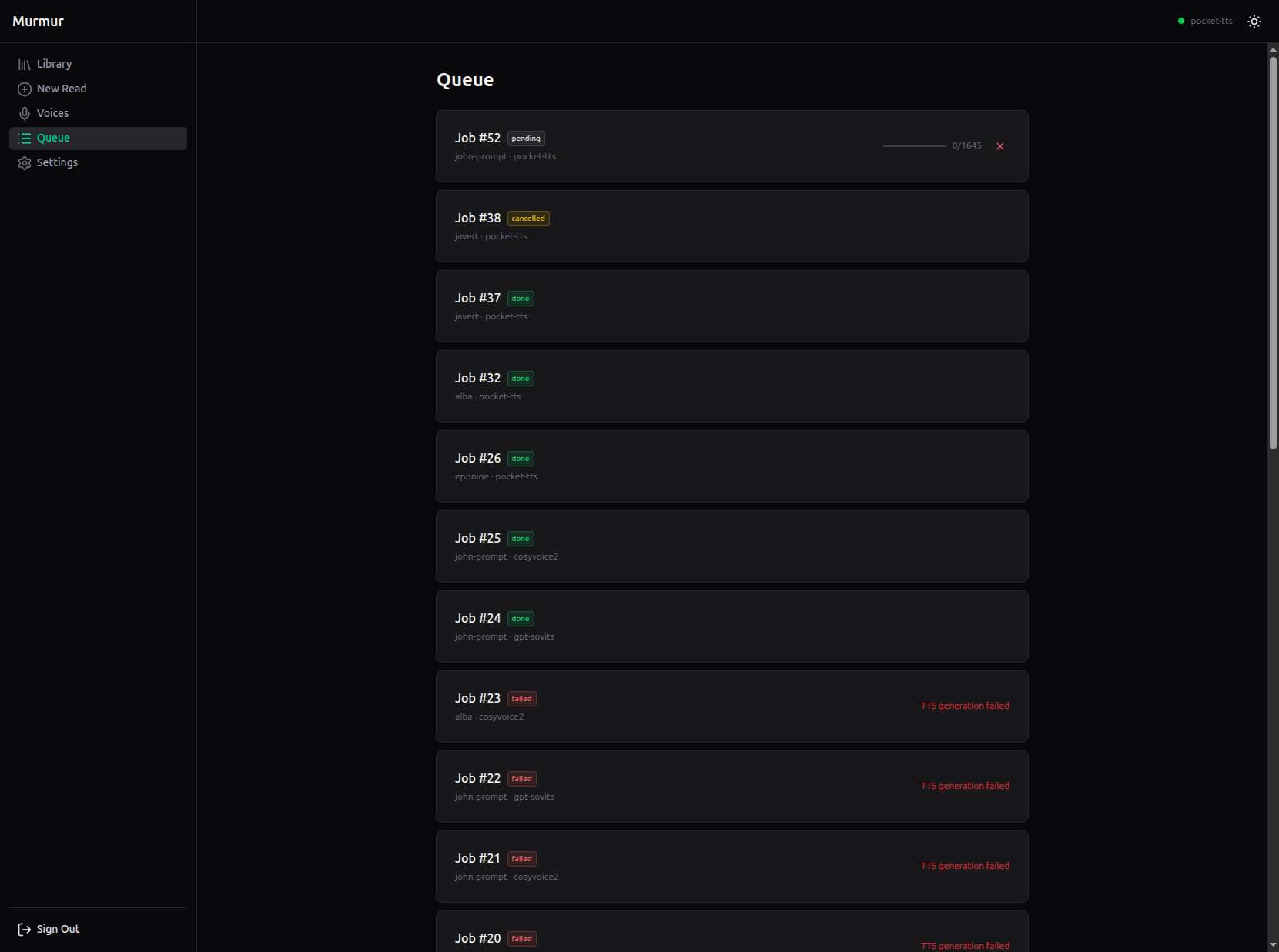 The job queue showing completed, failed, and pending generations across engines