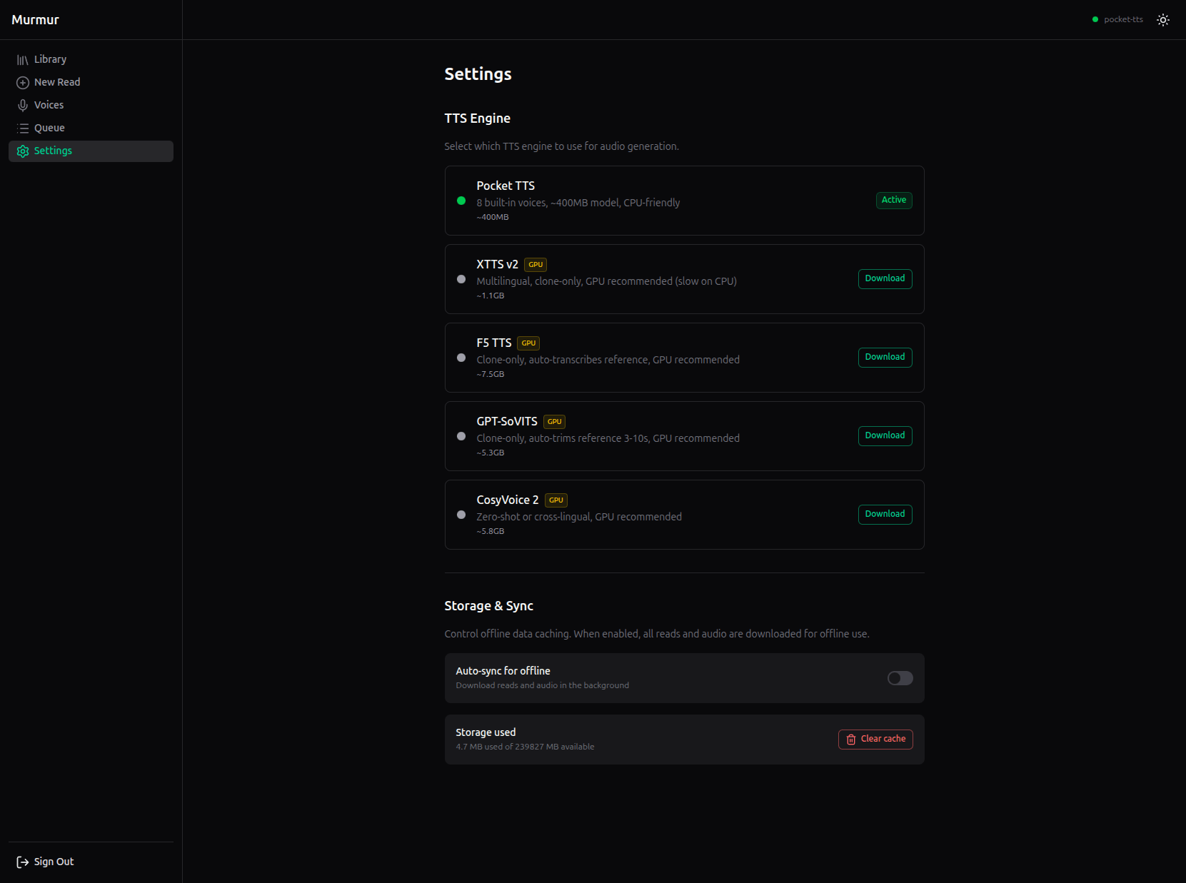 Settings page showing the five TTS engines with Pocket TTS active