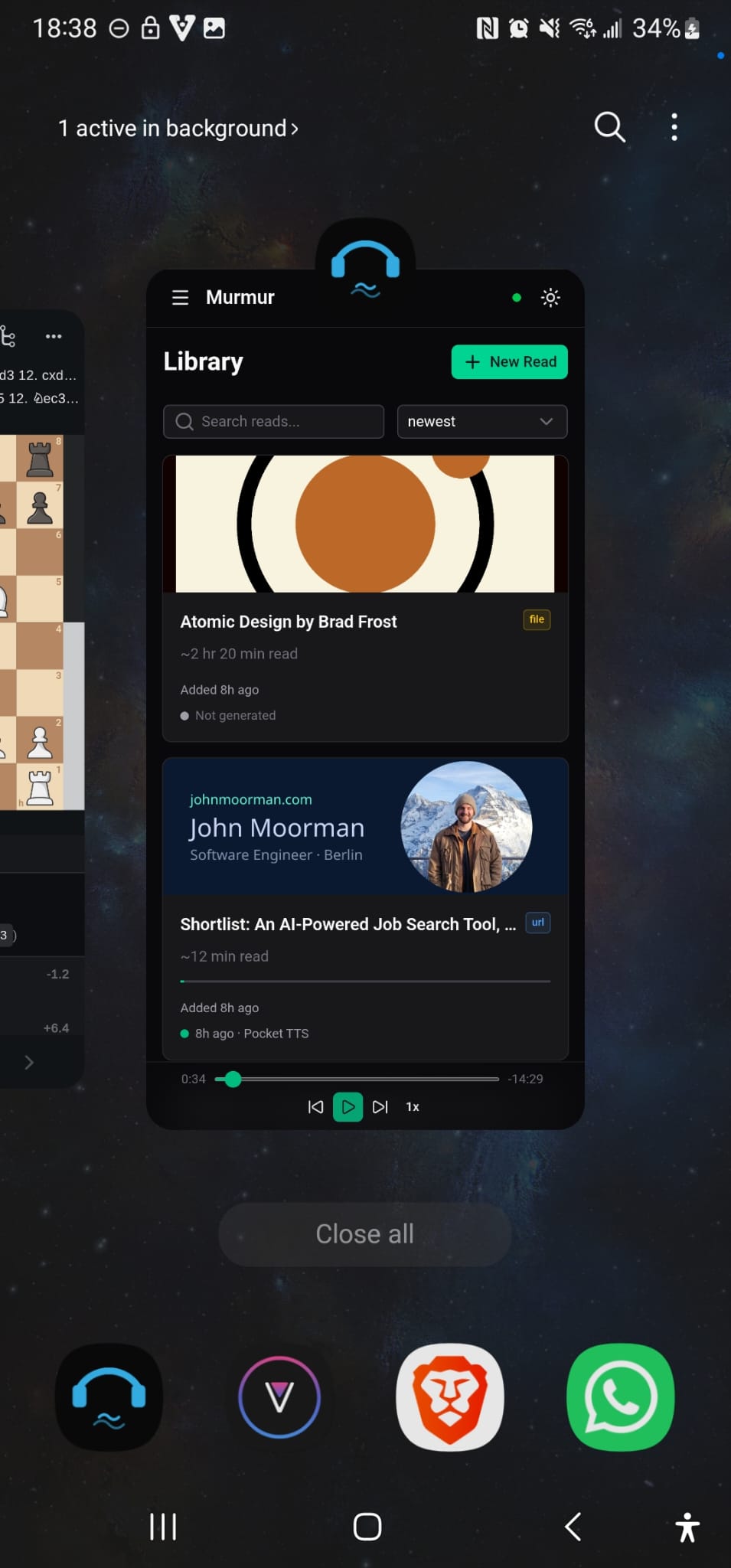 Murmur running as a standalone PWA on a phone, visible in the app switcher