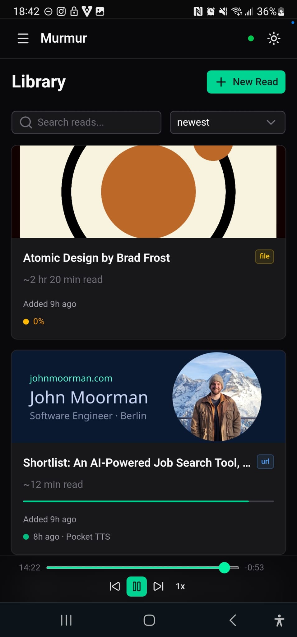 The full library view on a phone with audio player at the bottom