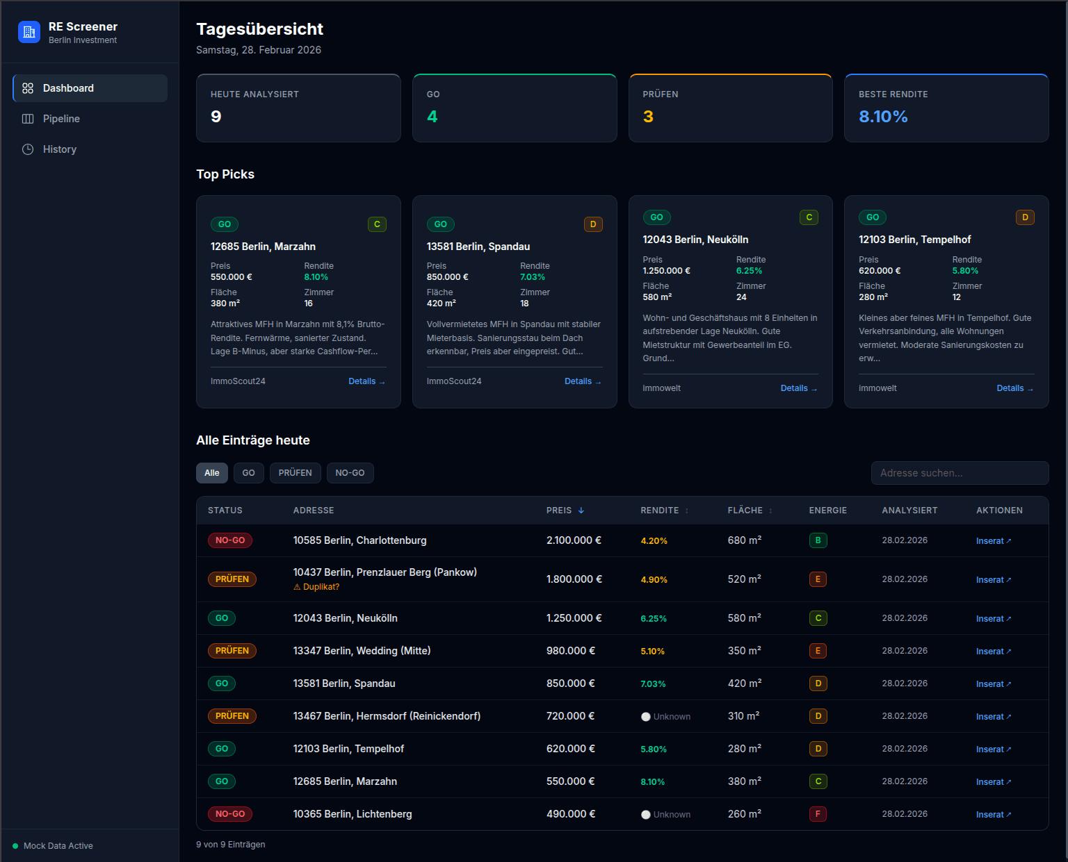 Client-facing dashboard with filterable listing table