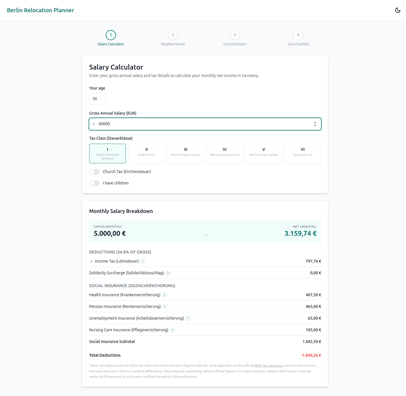 The full salary breakdown showing deductions, tax brackets, social insurance, and net monthly income