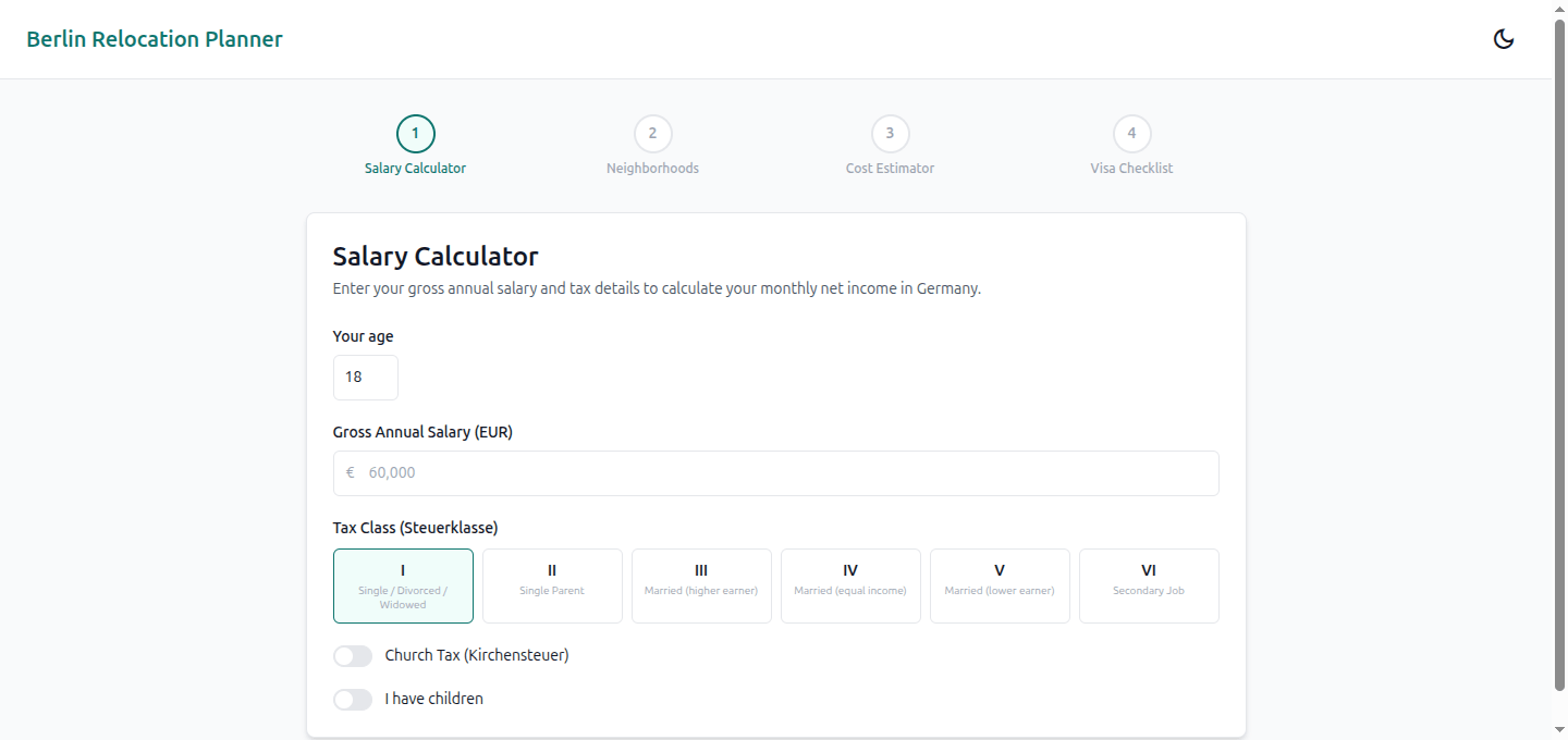 The salary calculator form with tax class selection, church tax toggle, and children options