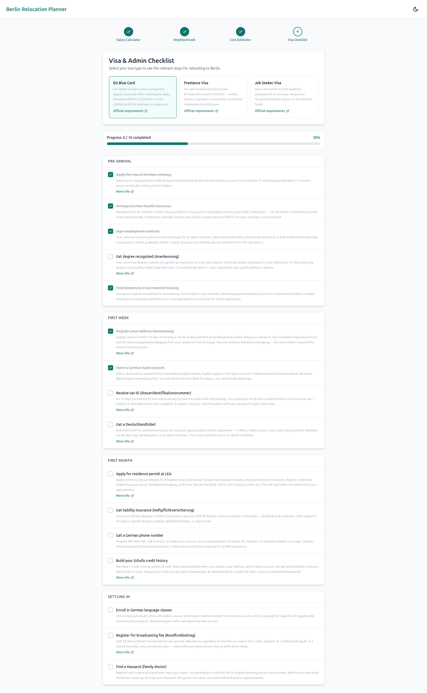 The visa checklist showing progress through pre-arrival and first week items for an EU Blue Card holder