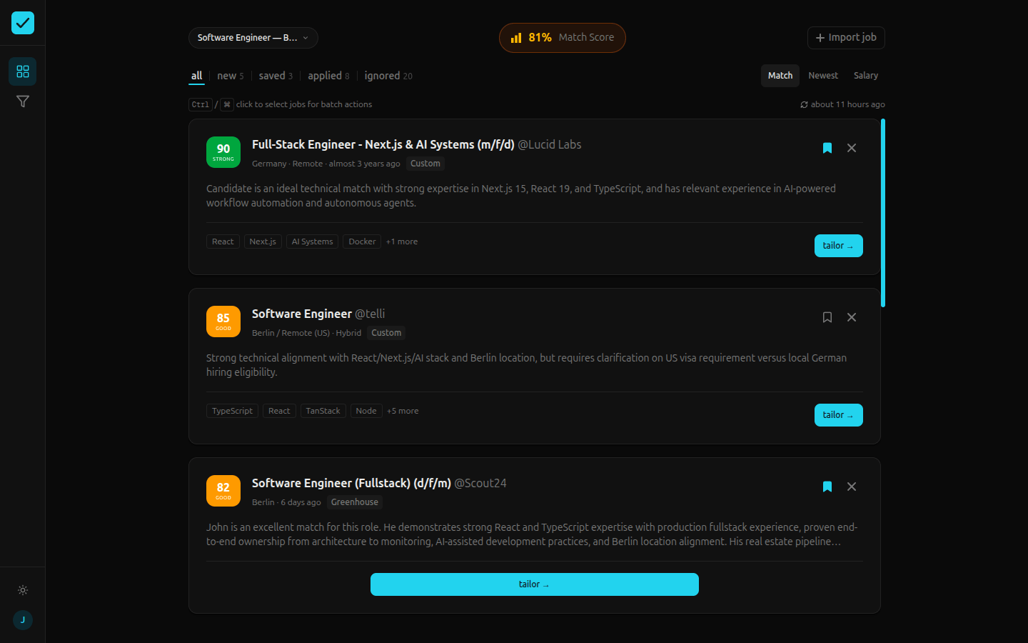 The job feed with AI-scored listings