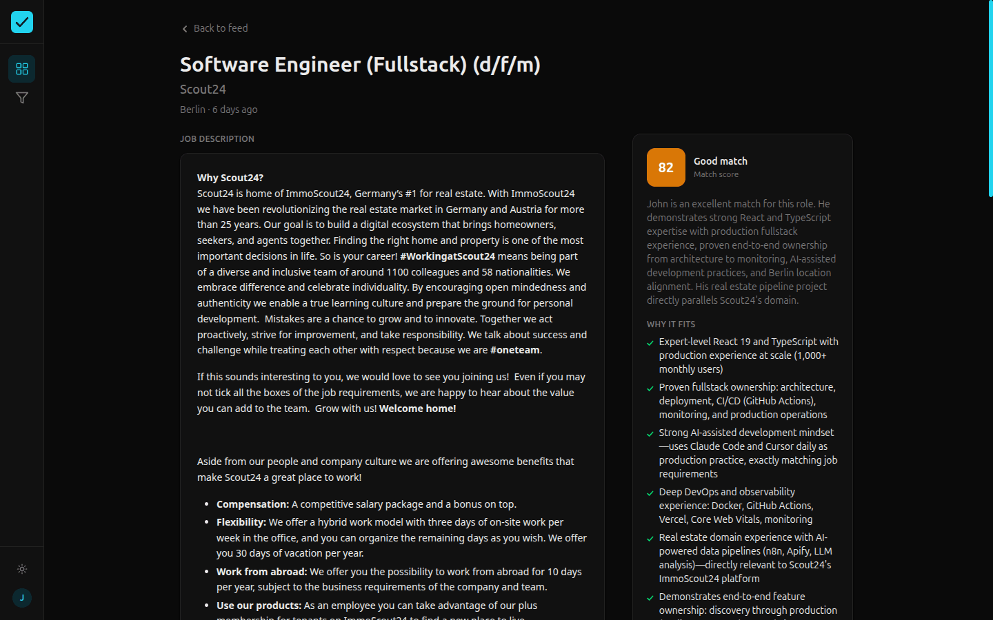 A job detail page with the AI's match breakdown
