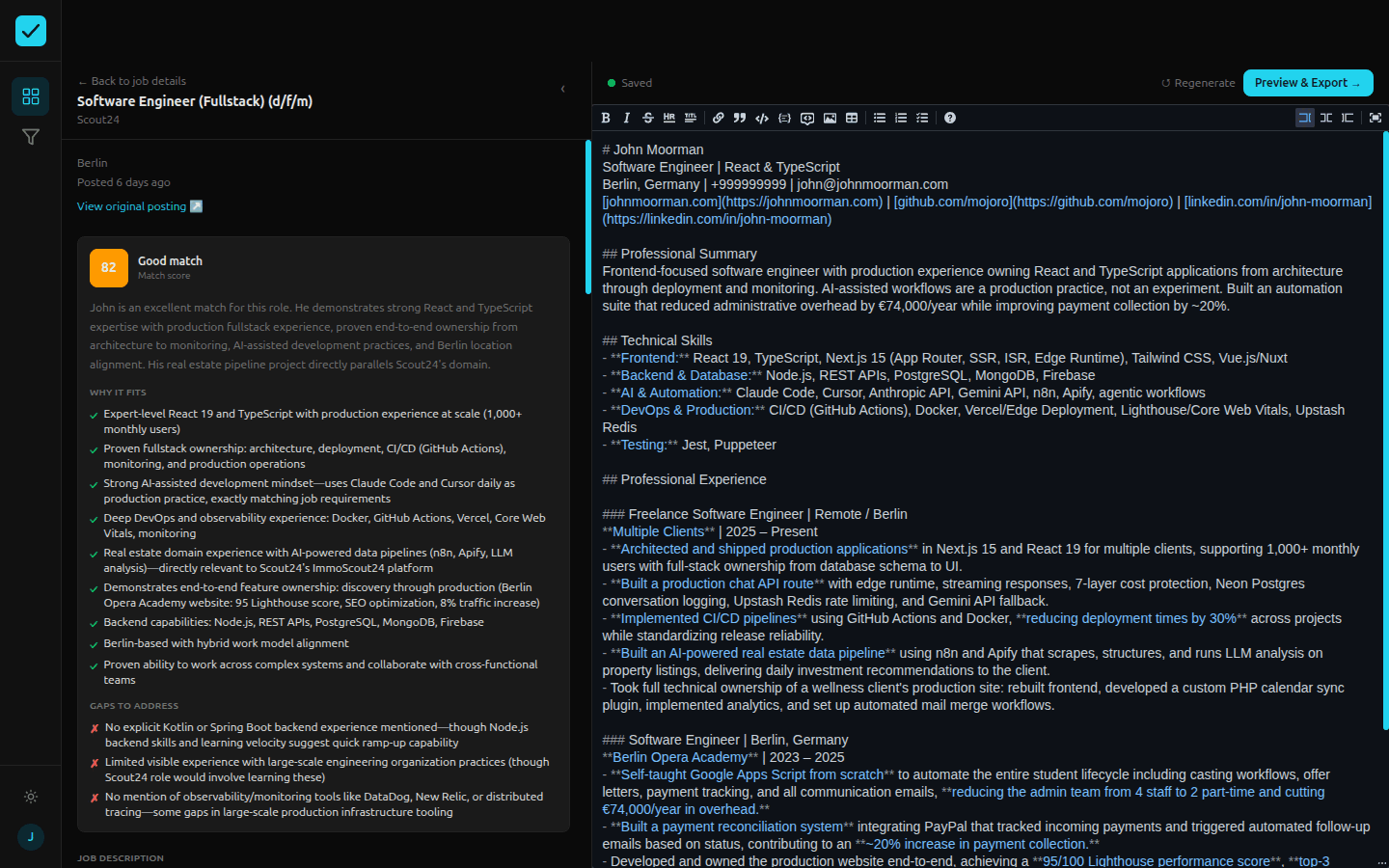 The tailor in action: editing the resume, previewing the PDF, and collapsing the job panel