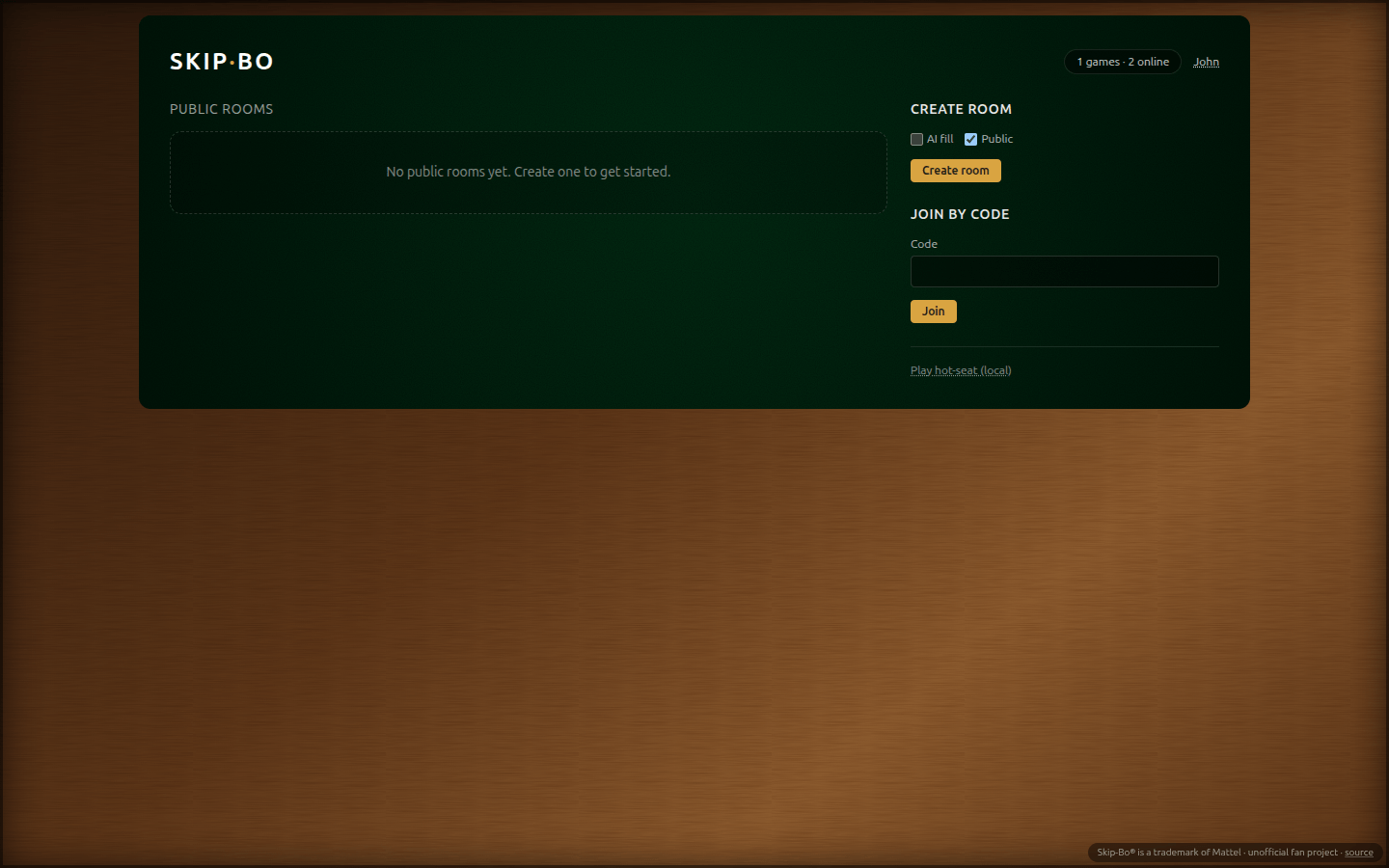 The Skip-Bo lobby with public rooms and the create/join controls