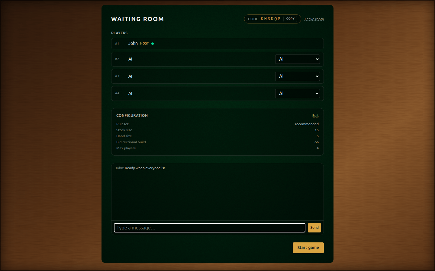 The pre-game waiting room with seat list, config, and chat