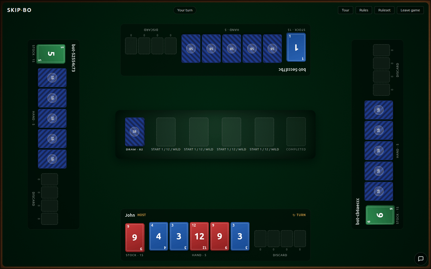 The Skip-Bo tabletop on desktop, four players, felt and wood frame