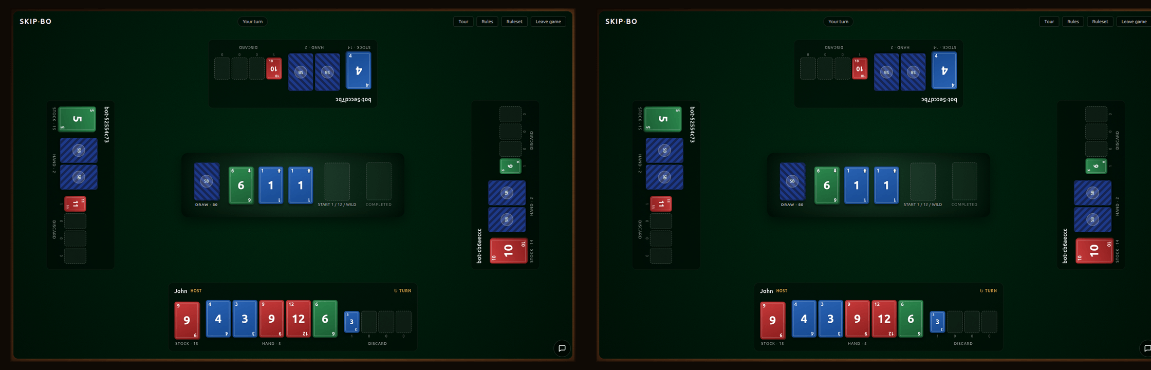 The networked game running across two browsers, same room