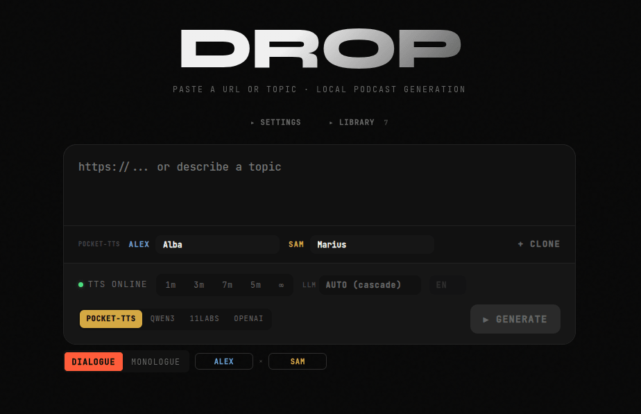 The Drop generation UI: paste a URL, watch each pipeline stage stream in.