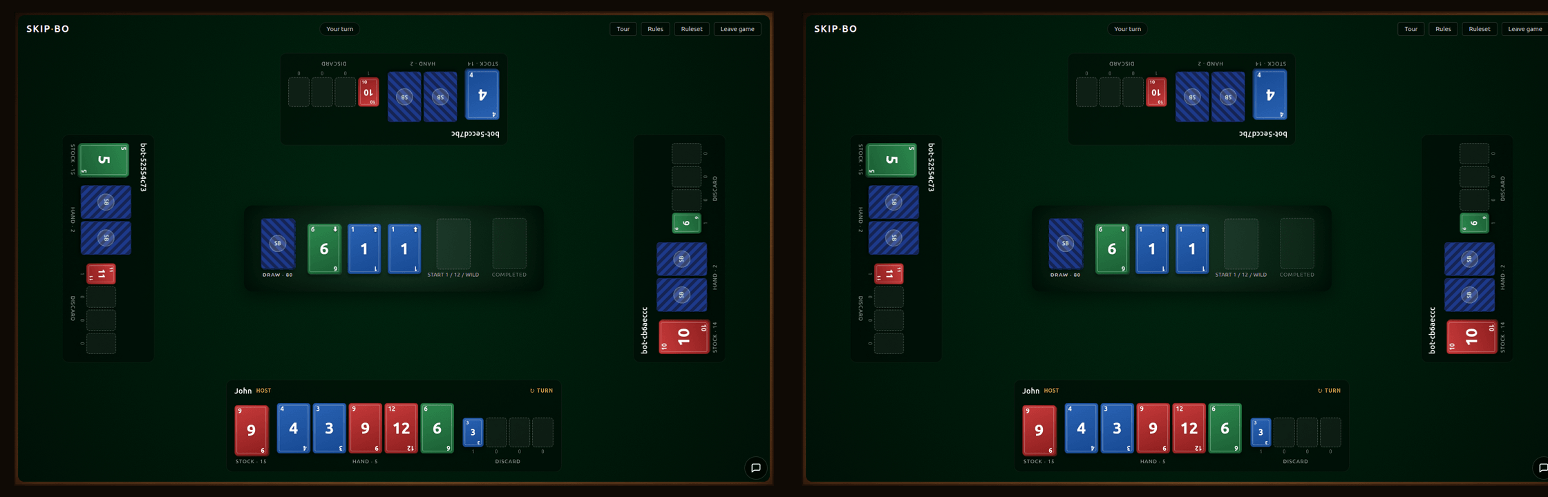 Two browser windows playing Skip-Bo over WebSocket against a single server.