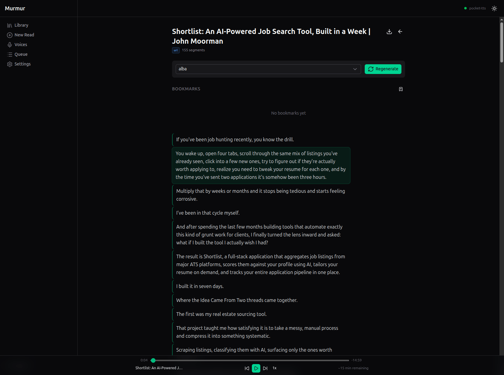 The Murmur reader playing back a saved document with one of five swappable TTS engines.