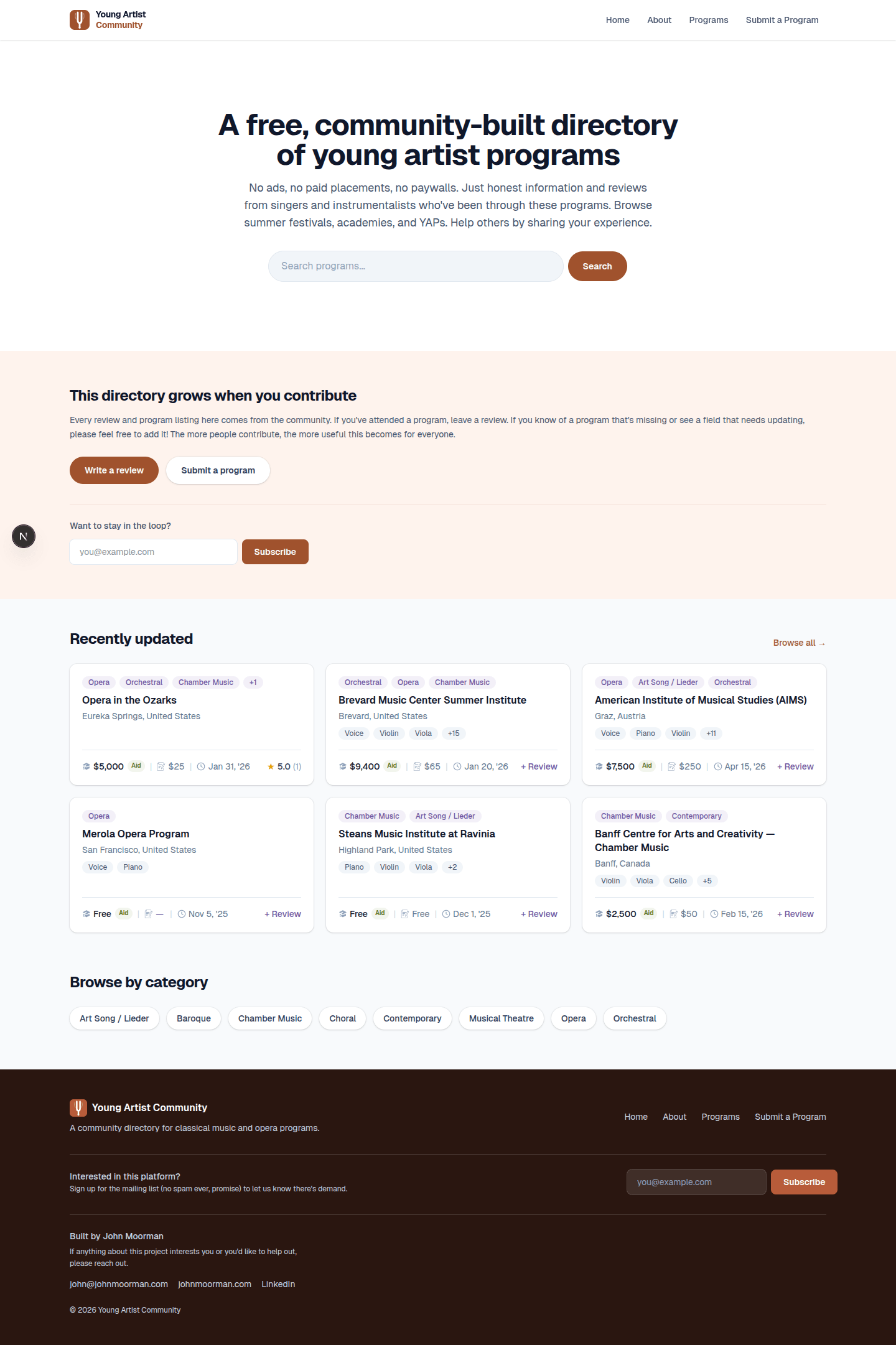 Young Artist Community landing page with Mediterranean palette and tuning fork logo