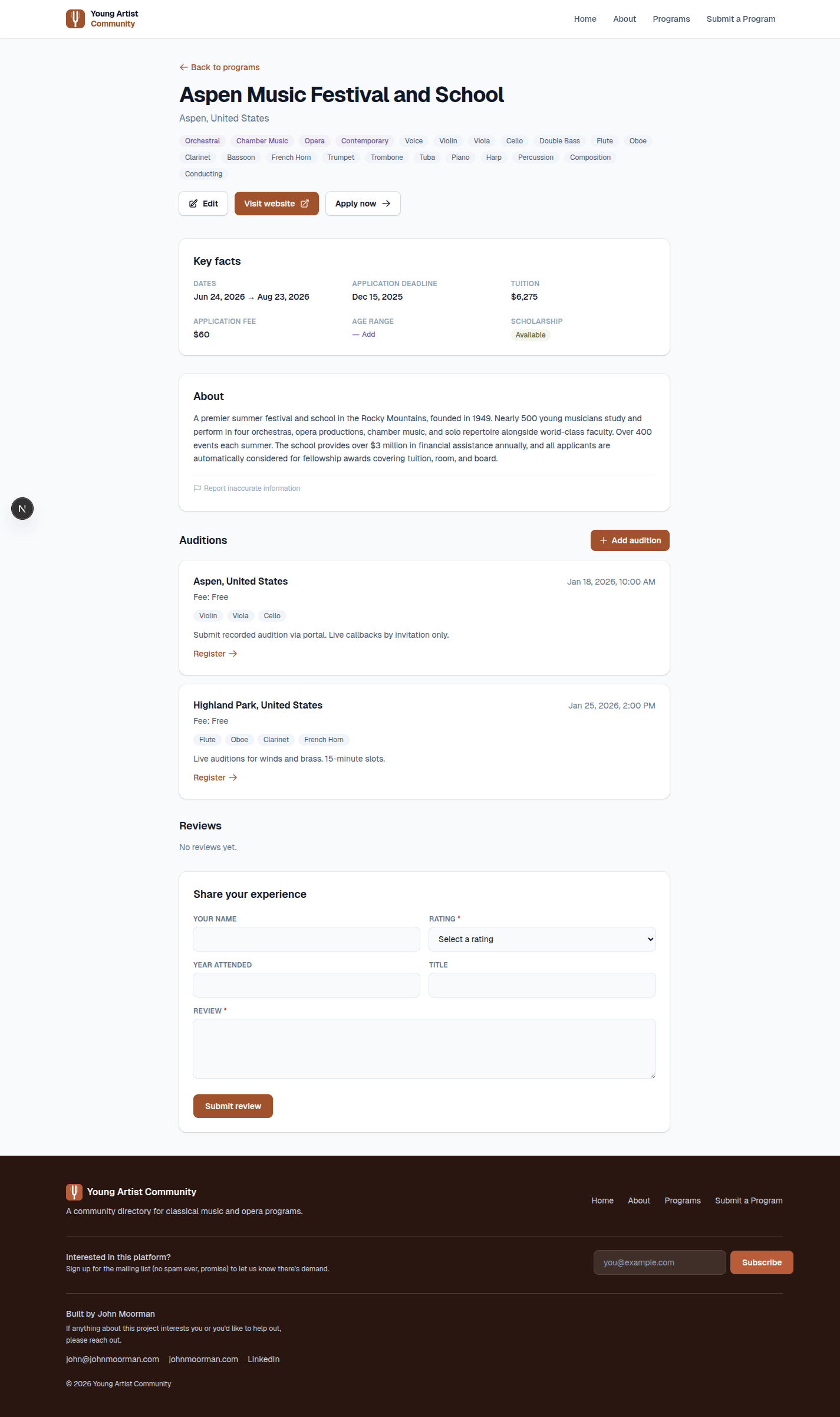 A program detail page with reviews and audition cards